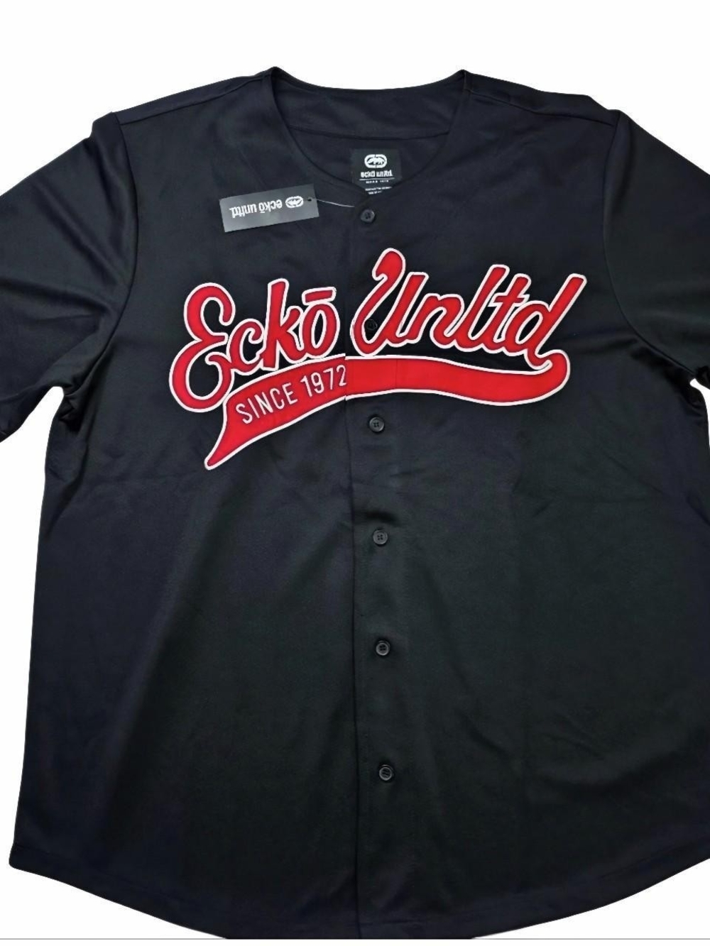 Ecko Unltd Black Button-Up Jersey with Red Script Logo-Size XXL